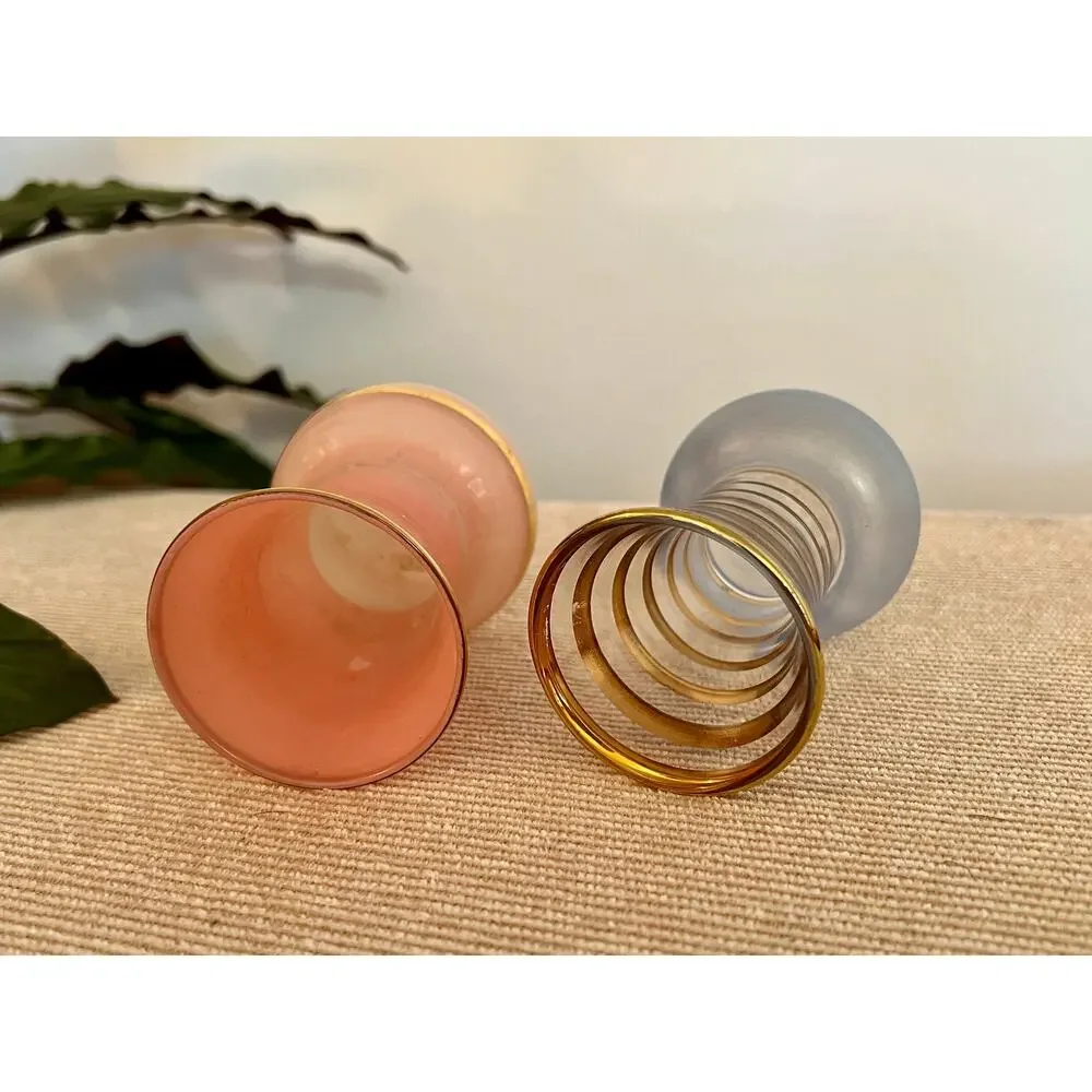 Vintage Glass Vases Pair Hollywood Regency Gold Stripe Pink Blue Mid Century